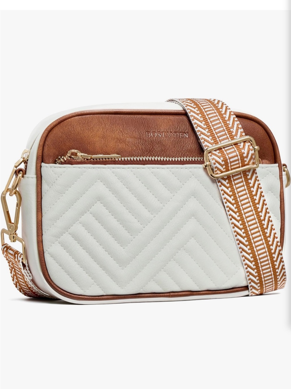 White & Brown Quilted Crossbody Bag